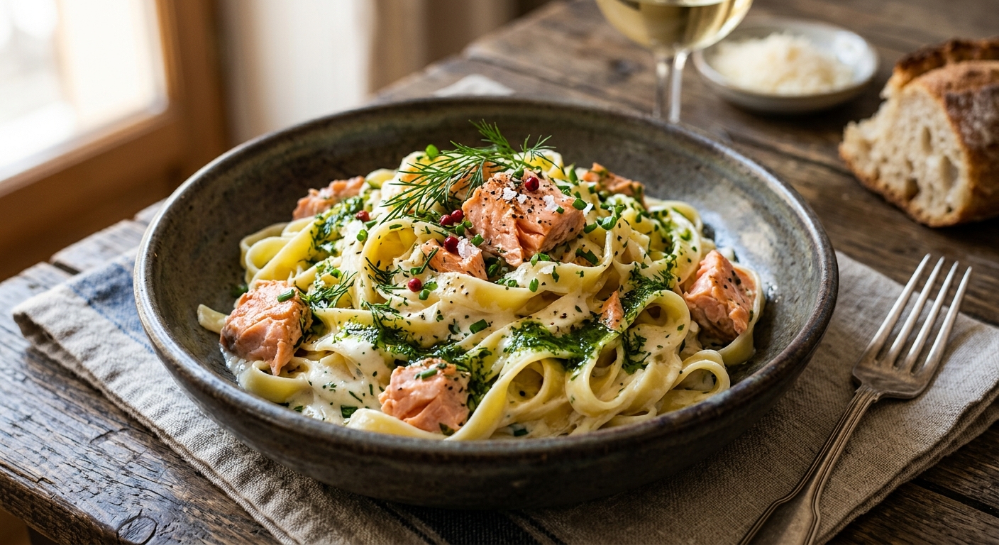 Tagliatelles au saumon, crème et huile aux herbes fraîches