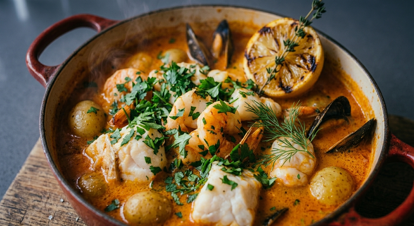 Cassolette de poisson, bisque de homard, citron et persil